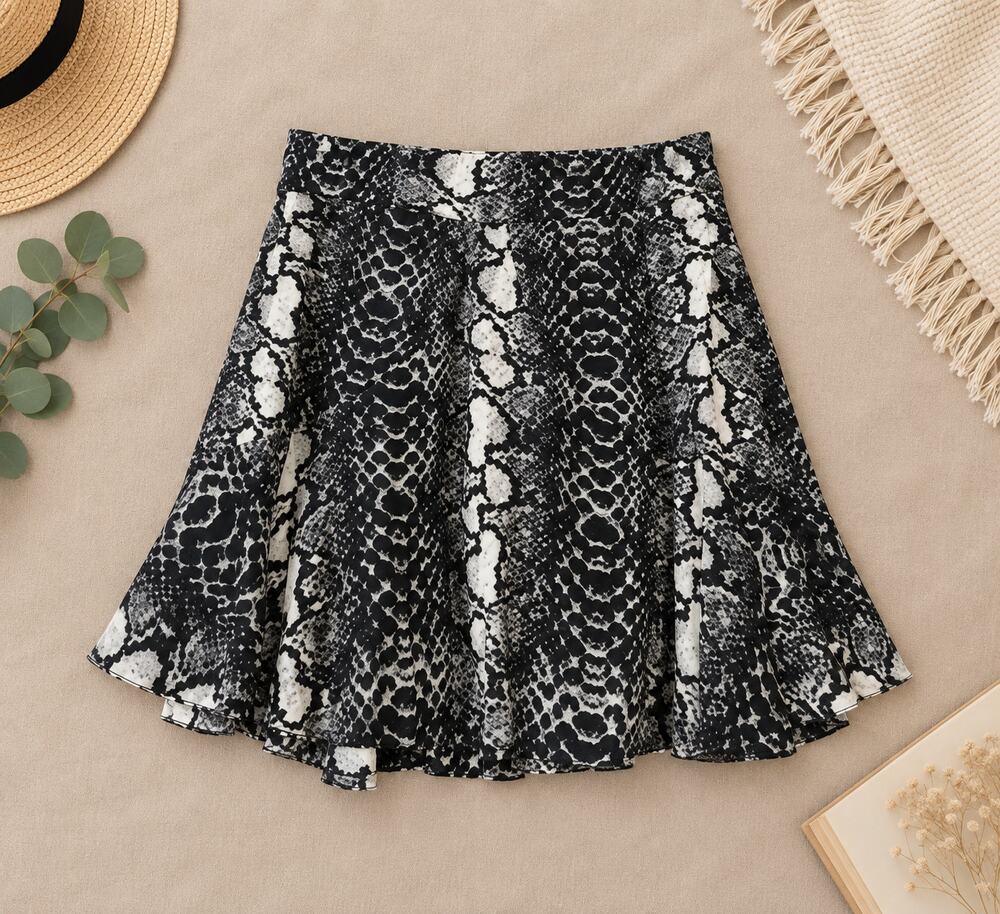 Kivari Snakeskin Print Flared Mini Skirt Black Gray Edgy Indie Boho Western SZ S
